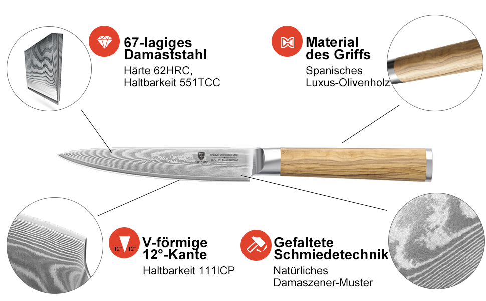 BRODARK Ніж кухарський Дамаск з VG10 сталевим ядром, професійний, з ручкою з оливкового дерева, High Carbon нержавіюча сталь (5.5 дюймів)