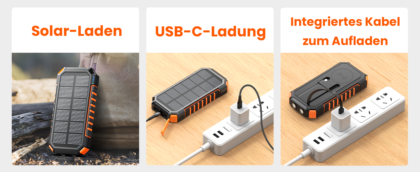 Сонячний Power Bank Riapow 27000mAh з сонячною панеллю, 22.5W, USB-C PD QC 3.0, LED-ліхтарик, 2 кабелі, для телефону та планшета, помаранчевий