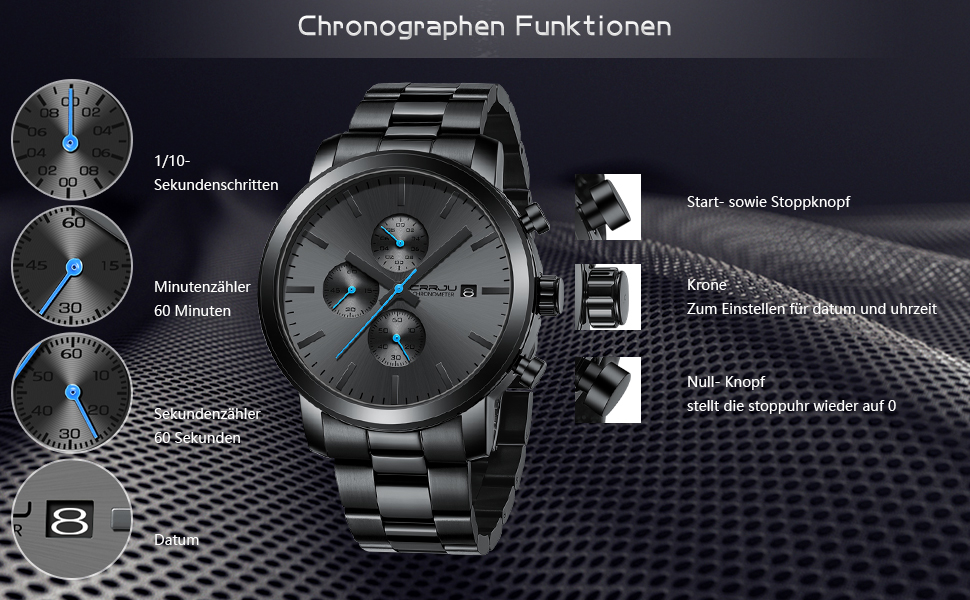 Чоловічий годинник CRRJU з хронографом, сталевий браслет, водонепроникний, чорний, з датою, аналоговий кварцовий годинник для бізнесу, чорно-синій