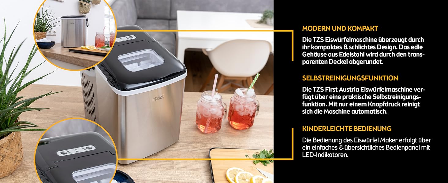 Льодогенератор First Austria 1.8л, 150W з компресором: 12 кг/24год, швидке виробництво (7-9 хв), кубики S/L, мобільний, сірий/чорний