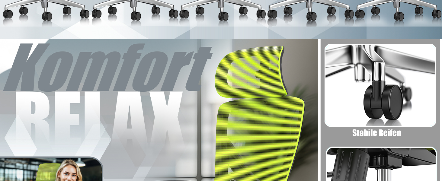 Крісло офісне KESSER® ергономічне з регульованими підлокітниками, підтримкою попереку та підголівником. Офісне крісло з функцією гойдання до 125° та 5 роликами. Зелений/Сріблястий колір