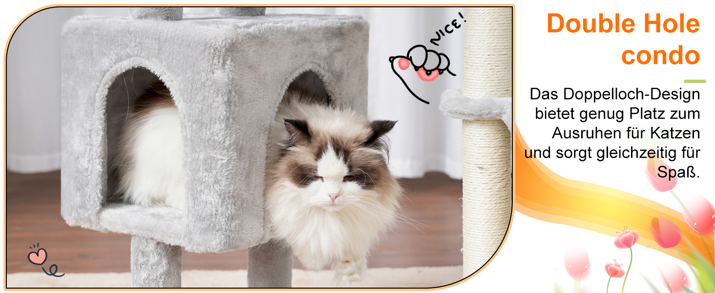 Котячий будиночок Heybly Kratzbaum: висота 100 см, котячий комплекс з платформою, печерею, 2 гамаками та іграшками. Активний котячий будиночок HCT006SG (світло-сірий)