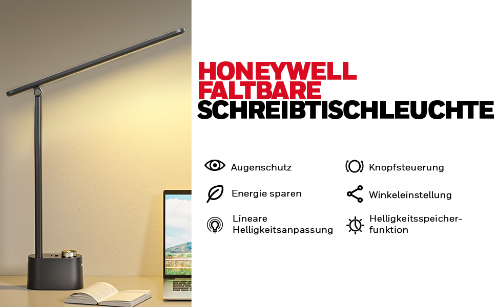 LED лампа Honeywell для столу з USB-портом, регульована яскравість, захист очей, Sunturalux™, для офісу та дому, складна, чорна