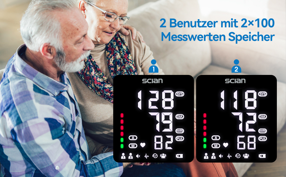 Тонометр на плече Scian для дому, автоматичний, LED-дисплей, 2 користувачі, 200 пам'ять, USB-C, DE-587-I5S