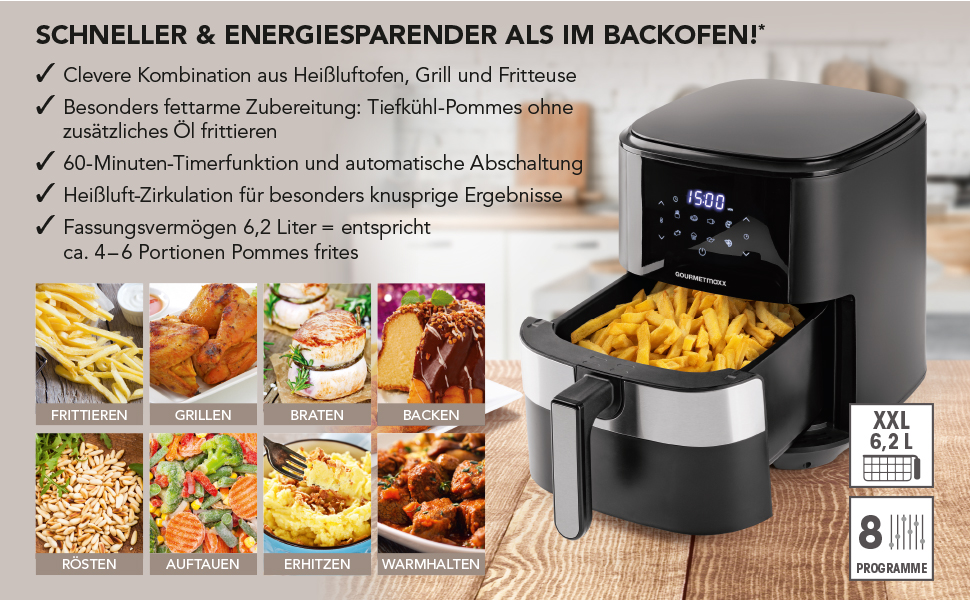 Фритюрниця повітряна GOURMETmaxx XL 6.2 л з цифровим дисплеєм та таймером | 8 програм, 1500 Вт | Без запаху, низький вміст жиру, економія енергії