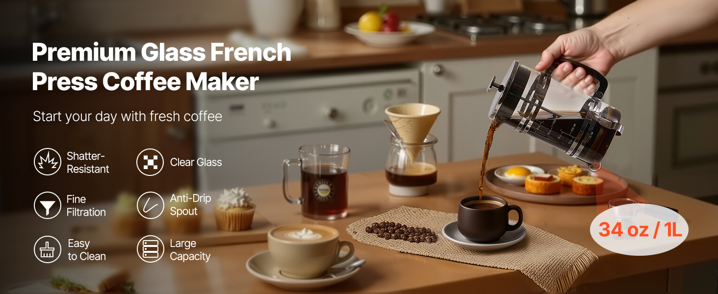 Френч-прес VEVOR 1 л з боросилікатного скла та нержавіючої сталі - для приготування кави, чаю, кемпінгу, подорожей, кухні, ресторану