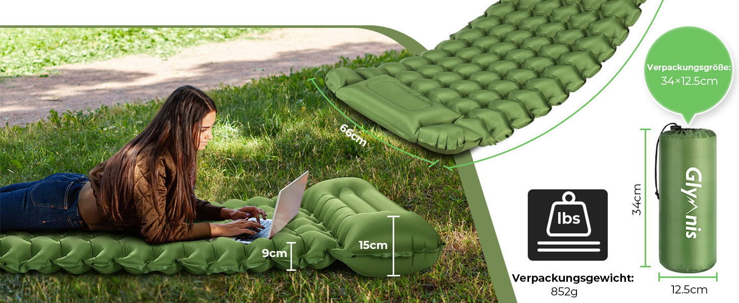 Glymnis Isomatte Camping Air Mattress - 9cm Thick with Foot Pump & Pillow - Ultralight Outdoor Sleeping Pad for Camping, Hiking & Travel - Army Green