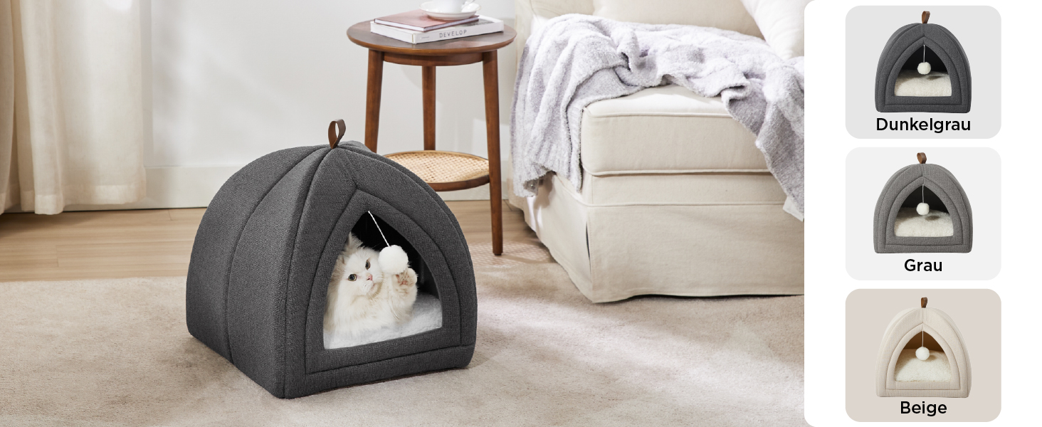 Ліжко для котів BEDSURE велике, 44x44x44 см, хатинка для котів, з м'якою подушкою Sherpa та іграшкою, миється, бежеве