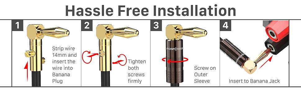 Позолочені кутові бананові роз'єми FosPower для акустичних кабелів, Hi-Fi підсилювачів та домашнього кінотеатру, з подвійними фіксаційними гвинтами (12 шт / 6 пар)