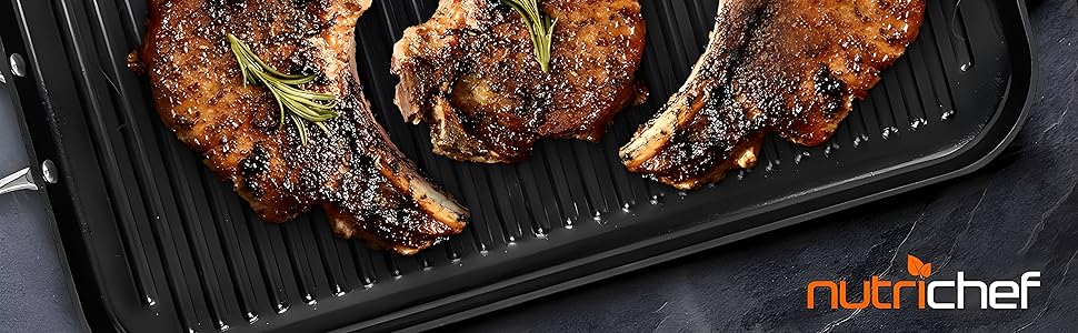 Гриль-сковорода NutriChef 28 см, квадратна, чавунна, антипригарна, для індукції та всіх плит, з високими рифленнями, для духовки, міцні ручки, 56 см прямокутна