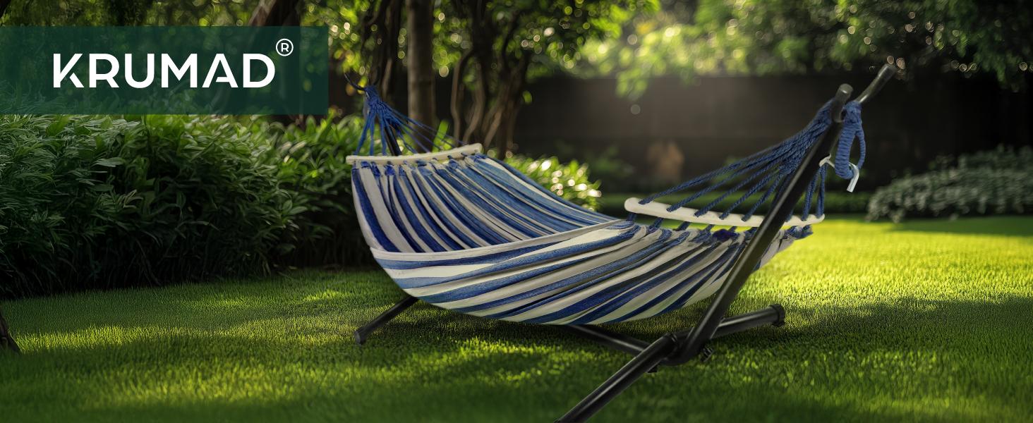 Гамак KRUMAD 260 см, до 250 кг, вуличний, бавовна-поліестер, з дерев'яними розпірками та сумкою (синьо-білий, з каркасом)