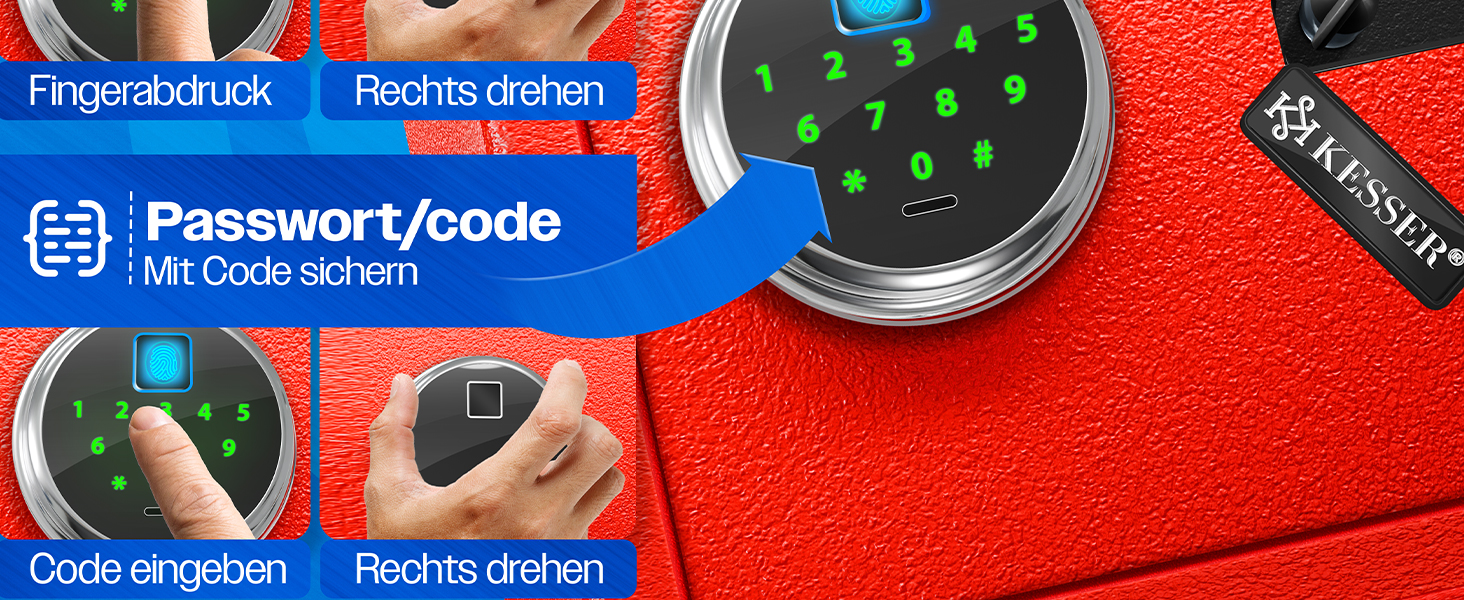 Електронний сейф KESSER® з відбитком пальця та ключем L | Вбудований акумулятор | 3x подвійний замок | Настінний/підлоговий сейф | Чорний