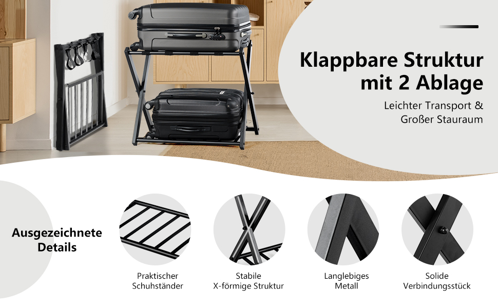 GIANTEX Folding Luggage Rack, 2-Tier, 68 x 43 x 58 cm, Luggage Stand, Metal Luggage Rack, Space-Saving, Luggage Rack for Bedroom, Guest Room, Hotel, Black (2 Pieces, Black)