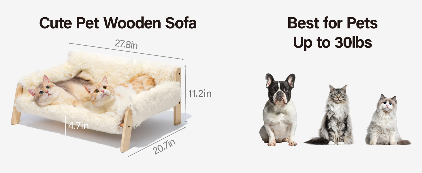 Підняте дерев'яне ліжко-софа для котів MEWOOFUN 56x45 см, міцне котяче ліжко зі стильним дизайном, знімний чохол, витримує до 10 кг, світло-коричневе