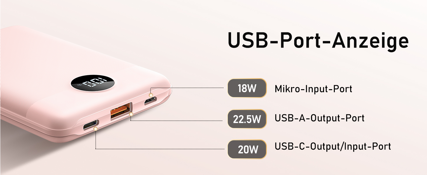 Powerbank VEEKTOMX 10000mAh з PD3.0 та QC3.0, 22,5W, Mini, USB-C, для iPhone/iPad/Samsung/Huawei/Xiaomi/OnePlus, білий/рожевий
