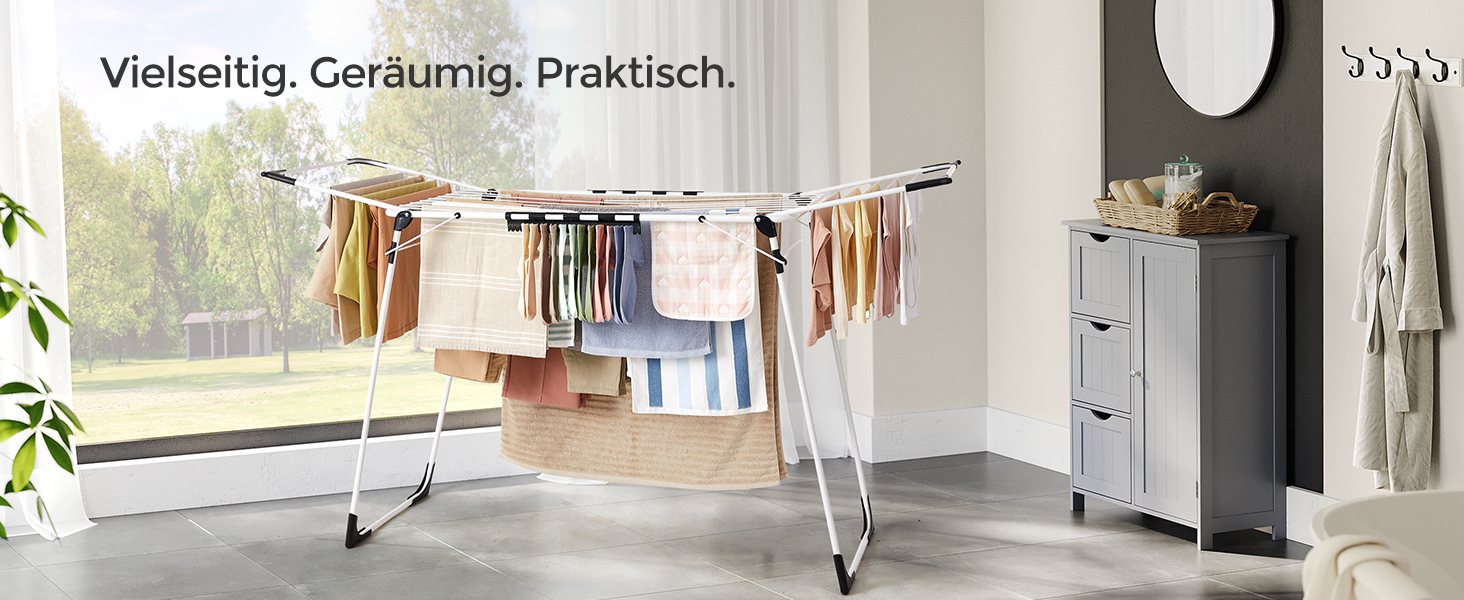 SONGMICS Сушарка для білизни на коліщатках, металева, біла, 52.5 x 173 x 96.5 см, з тримачем для шкарпеток, для одягу, рушників та білизни