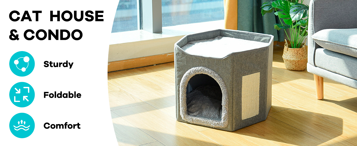 Кіт-будинок складаний великий для котів, кіт-печера з когтеточкою, 2-ярусне ліжко для котів, сірий