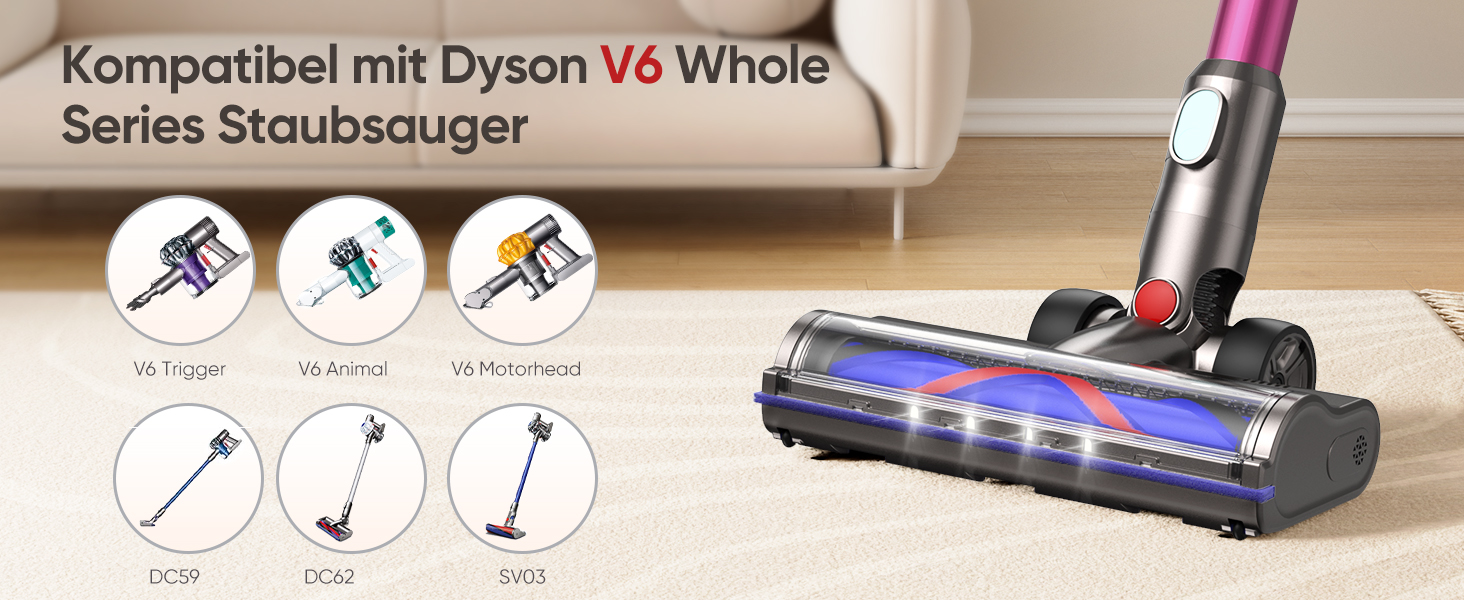 Насадка для пилососа Dyson V7 V8 V10 V11 V15 FLYLINKTECH з LED підсвіткою та 2 роликами (Червона)
