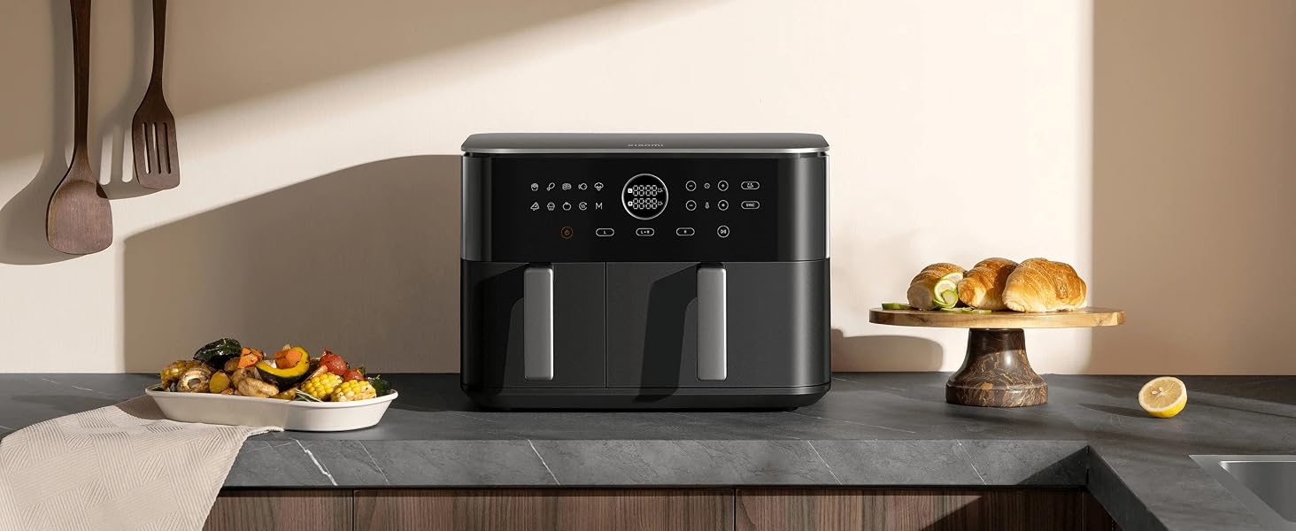 Фритюрниця Xiaomi Dual Zone 10л, 2 камери (3.5л + 6.5л), 230°C, синхронізація, 9 режимів, 2700W, без олії, сенсорне управління, чорна