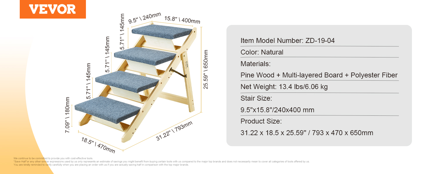 Дерев'яна сходинка для домашніх тварин VEVOR, 2-в-1, складана, для собак та котів, 4 сходинки, до 68 кг