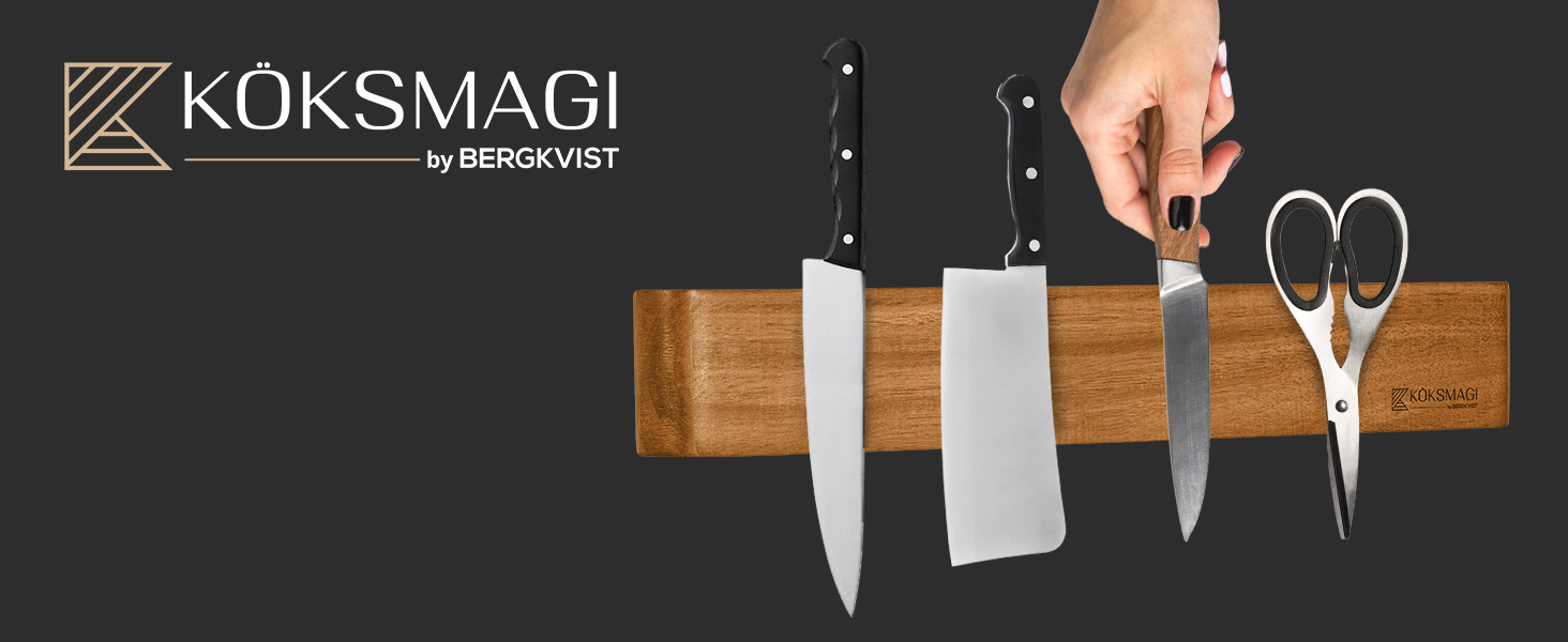 KÖKSMAGI® Magnetic Knife Strip OSKAR (40 cm) - magnetic wooden knife strip with an extremely strong magnet for heavy knives - self-adhesive (3M adhesive tape) & with drilling accessories