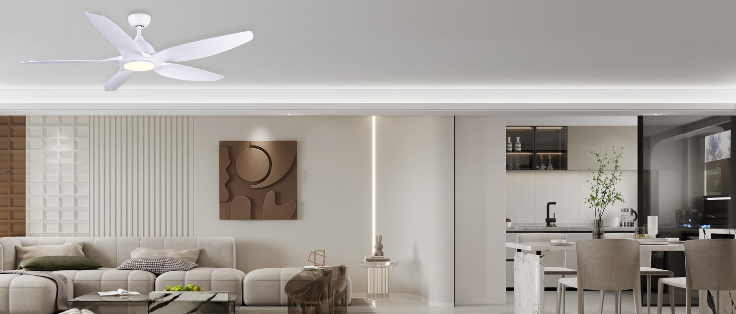 Стеляний вентилятор Newday 153 см, білий з підсвіткою та пультом керування. Безшумний вентилятор-лампа з 5 лопатями, DC мотор, реверсивний, з функцією пам'яті та плавним регулюванням яскравості світла.