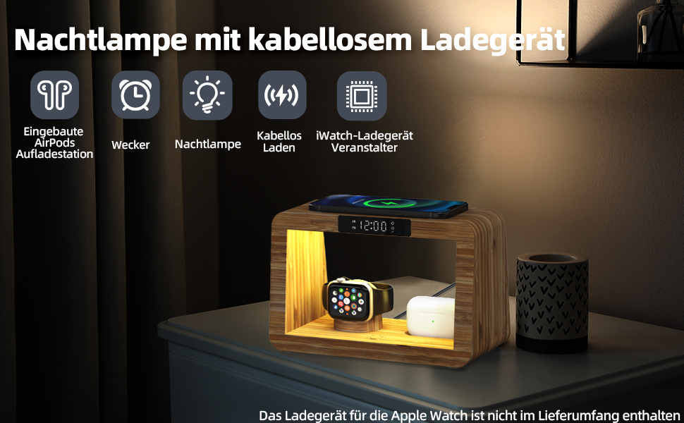 Багатофункціональна бамбукова зарядна станція 5-в-1 з бездротовим зарядним пристроєм, світлодіодним нічником та годинником, сумісна з Apple Watch, AirPods, Samsung Galaxy та іншими пристроями