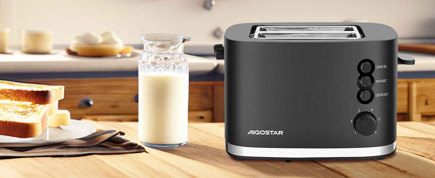 Тостер Aigostar Energy з 2 слотами для тостів, підставка для булочок, 6 рівнів підсмажування, функції відключення, розморожування та підігріву, знімний піддон для крихт, 800W, чорний