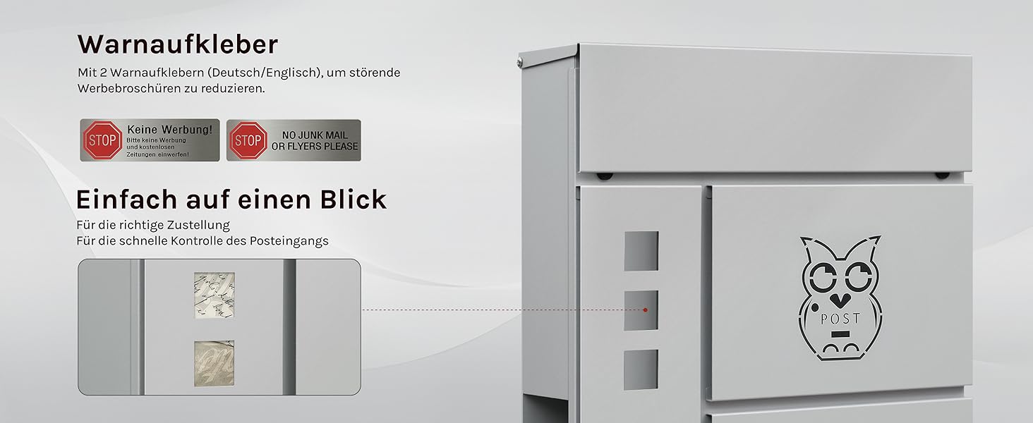 Поштовий ящик WOLTU XXL з газетницею, оглядовим вікном, замком (2 ключі), захистом від реклами, антрацит (сірий+чорний) 10,5x37x37 см