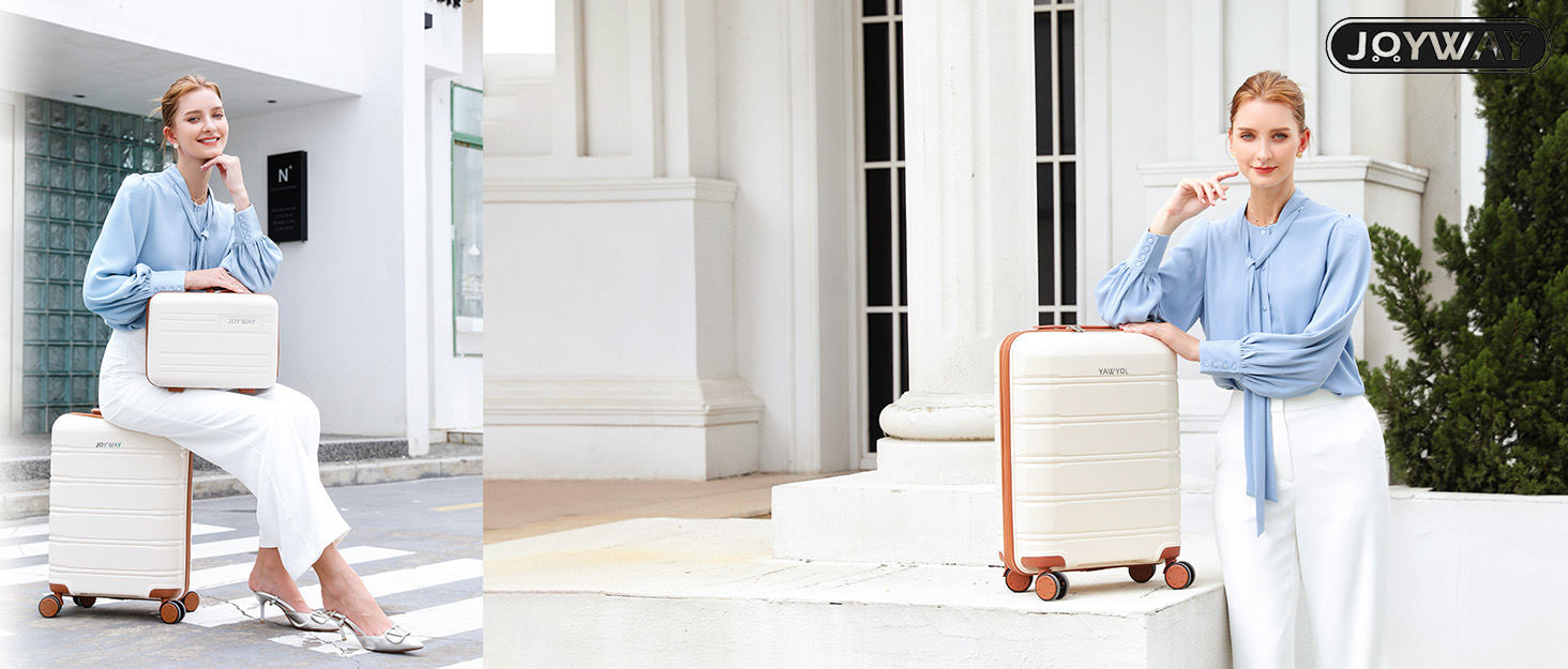 Набір валіз Joyway 3 в 1 з твердим корпусом, 4 колеса, TSA-замок, коричневий/білий. В комплекті: косметичка та сумка для перенесення.