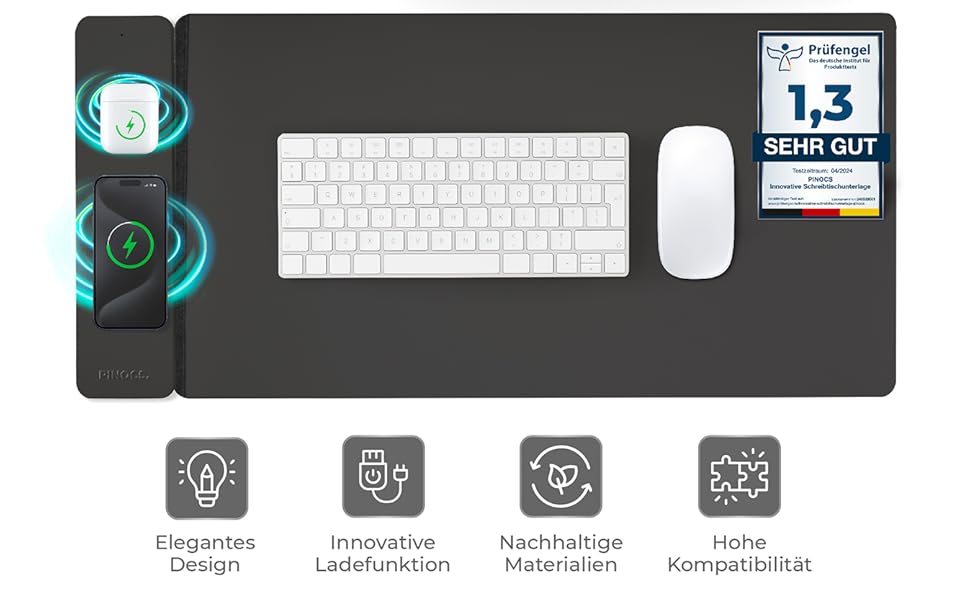 Органайзер для робочого столу з бездротовою зарядкою для iPhone/AirPods/Android. Шкіряна/повстяна підкладка для миші, чорна. Швидка зарядка, для правшів та лівшів, мінімалістичний дизайн