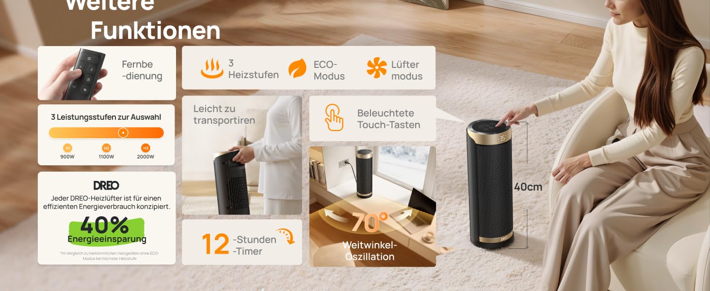Електричний обігрівач Dreo 2000W з термостатом та Wi-Fi, 16 дюймів, 3 режими, 3 швидкості, 12h таймер, для спальні, золотий