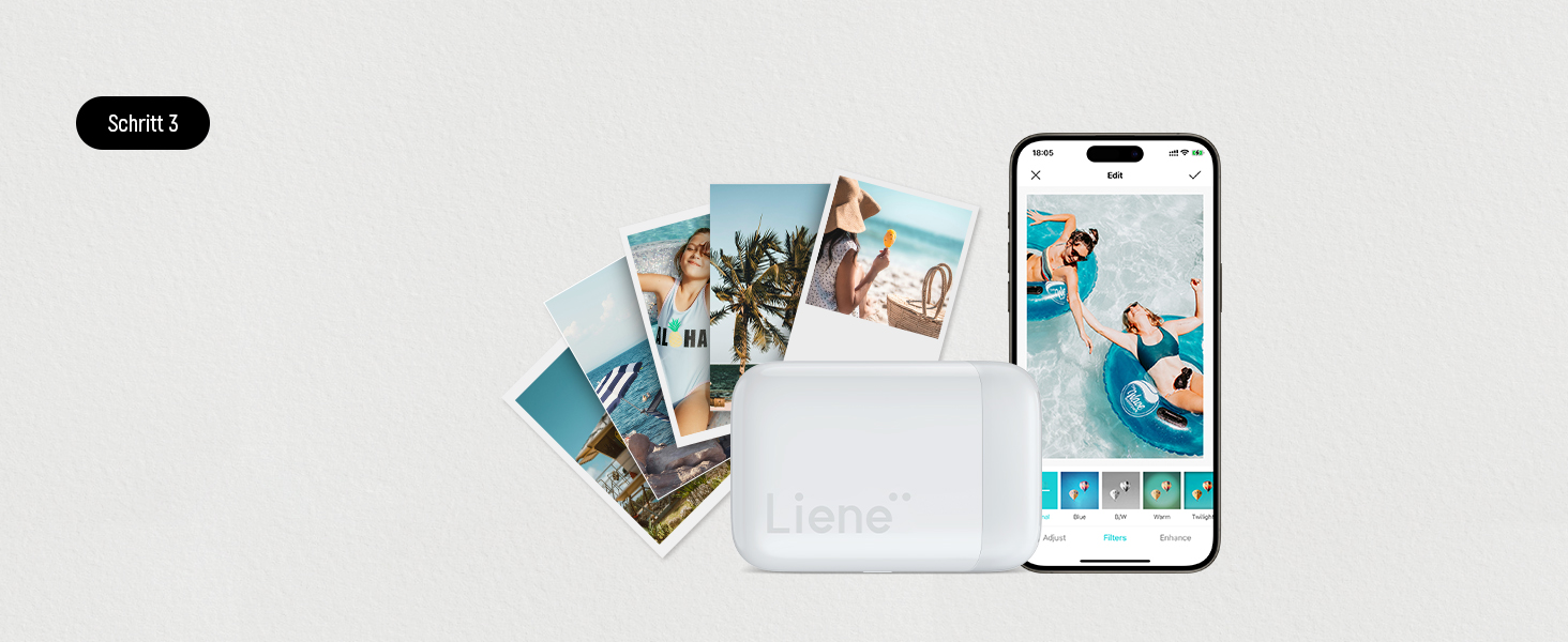 Liene Pearl K100 Mini Фотодрук для смартфонів (5x7 см) - комплект з 50 аркушам фотопаперу на клейкій основі, Bluetooth, 300 DPI, сумісний з iOS & Android, вбудований акумулятор, білий