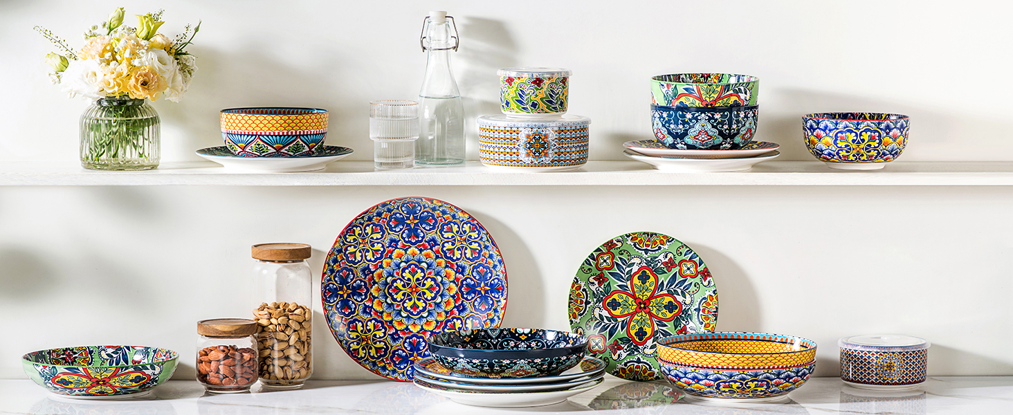 Набір салатників та тарілок HENXFEN з порцеляни (4 шт.) - 1330 мл, богемський стиль