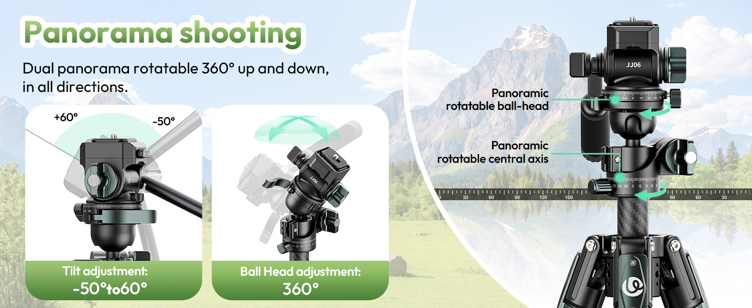 Штатив для камери ULANZI JJ05 GlideGo 184 см з карбону, складний, з поворотним центральним стовпом, легкий туристичний штатив з кульковою головкою 360° та швидкознімною платформою для DSLR, максимальне навантаження 18 кг (JJ06 Відеоштатив)