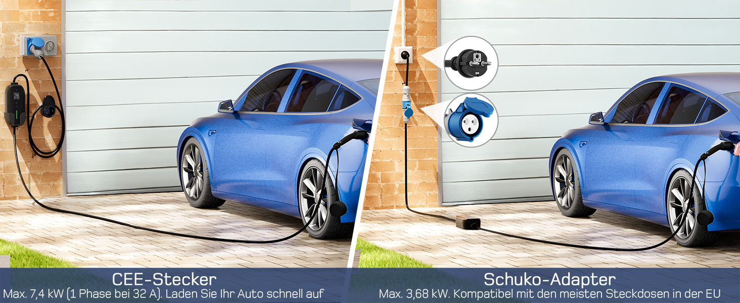 Мобільна зарядна станція (Wallbox) 11 кВт, 3-фазна, 7м, 6-16A з регульованою потужністю, кабель CEE 16A на Typ 2, для електромобілів Model Y/3, ID.3/4/5, MG4, EX30, e-up, e-tron, Zoe та інших EV (CEE 7 кВт, 15м)