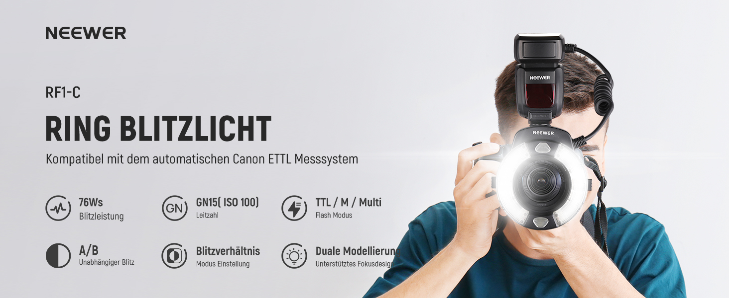 NEEWER RF1-S: Кольцевий спалах для Sony, Canon - 76W, GN15, 5600K, TTL, для макрозйомки та студійного освітлення