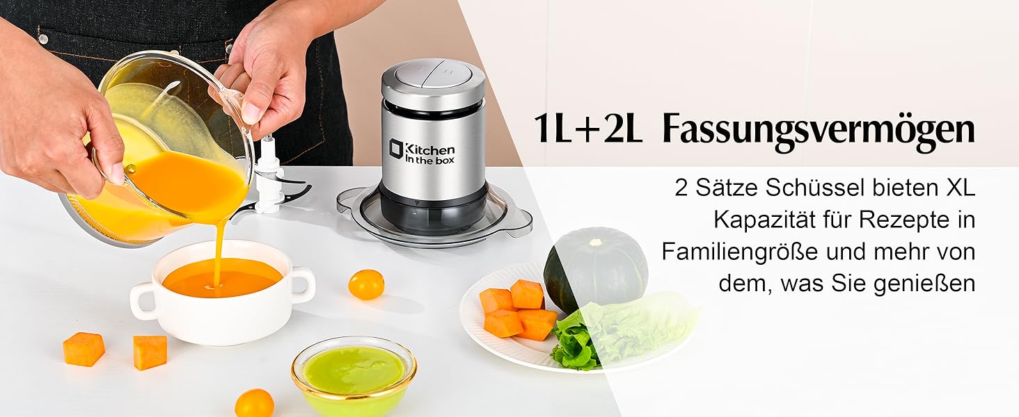 Електричний подрібнювач Zerkleinerer Kitchen in the Box 400W зі скляною (1л) та сталевою (2л) чашами для м'яса, овочів, фруктів та дитячого харчування, сріблястий