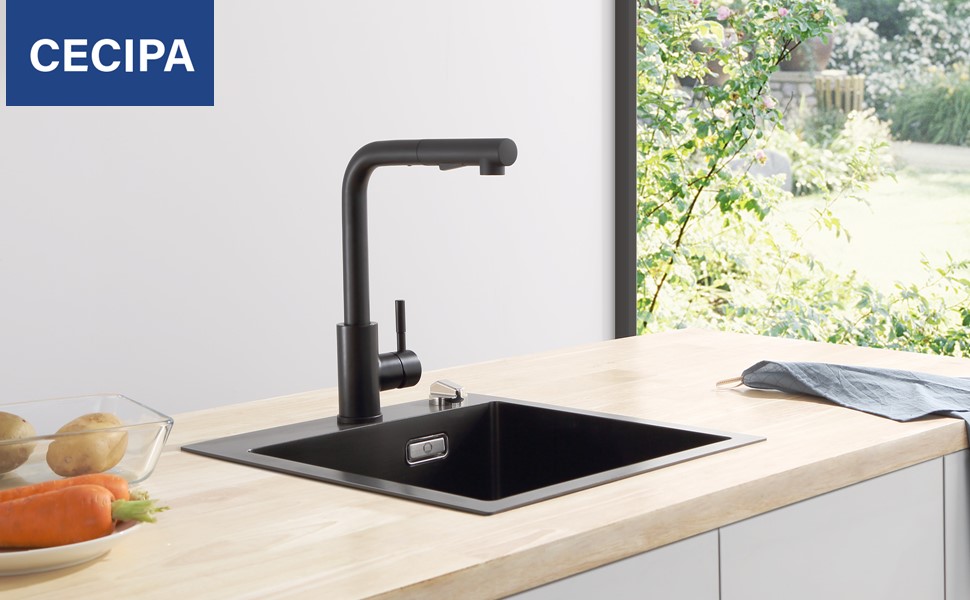 Кран кухонний CECIPA X203B чорний матовий, висувний, з донцем, 360° поворот, нержавіюча сталь