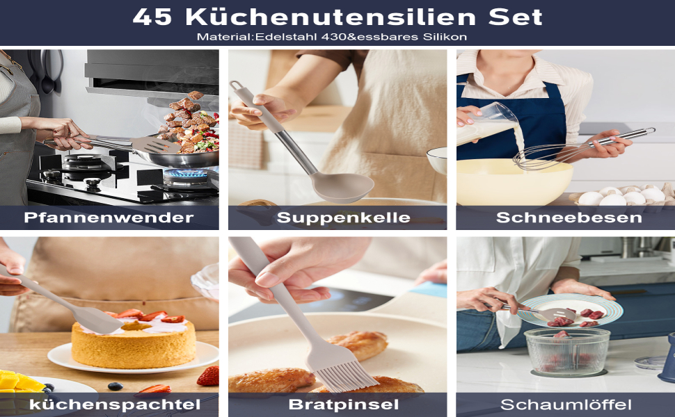 Набір кухонних помічників Silikon, 45 предметів: лопатки, ложки, пензлі та аксесуари для кухні з тримачем та S-гачками, термостійкий, придатний для миття в посудомийній машині, хакі