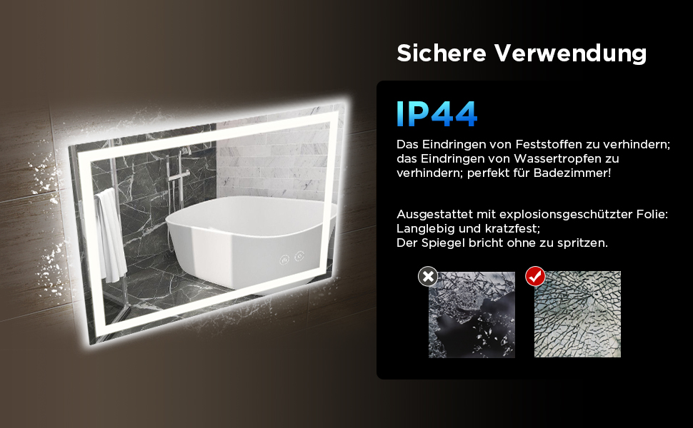 Дзеркало для ванної кімнати з підсвічуванням 50x70 см, сенсорне керування, протитуманне покриття, 3 кольори світла, регулювання яскравості, пам'ять налаштувань, матове, прямокутне