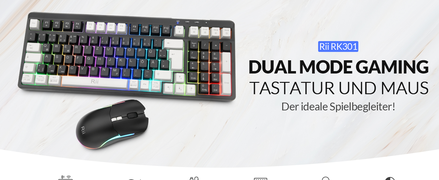 Бездротовий ігровий комплект клавіатури та миші Rii: Bluetooth + 2.4GHz, LED-підсвітка, QWERTZ