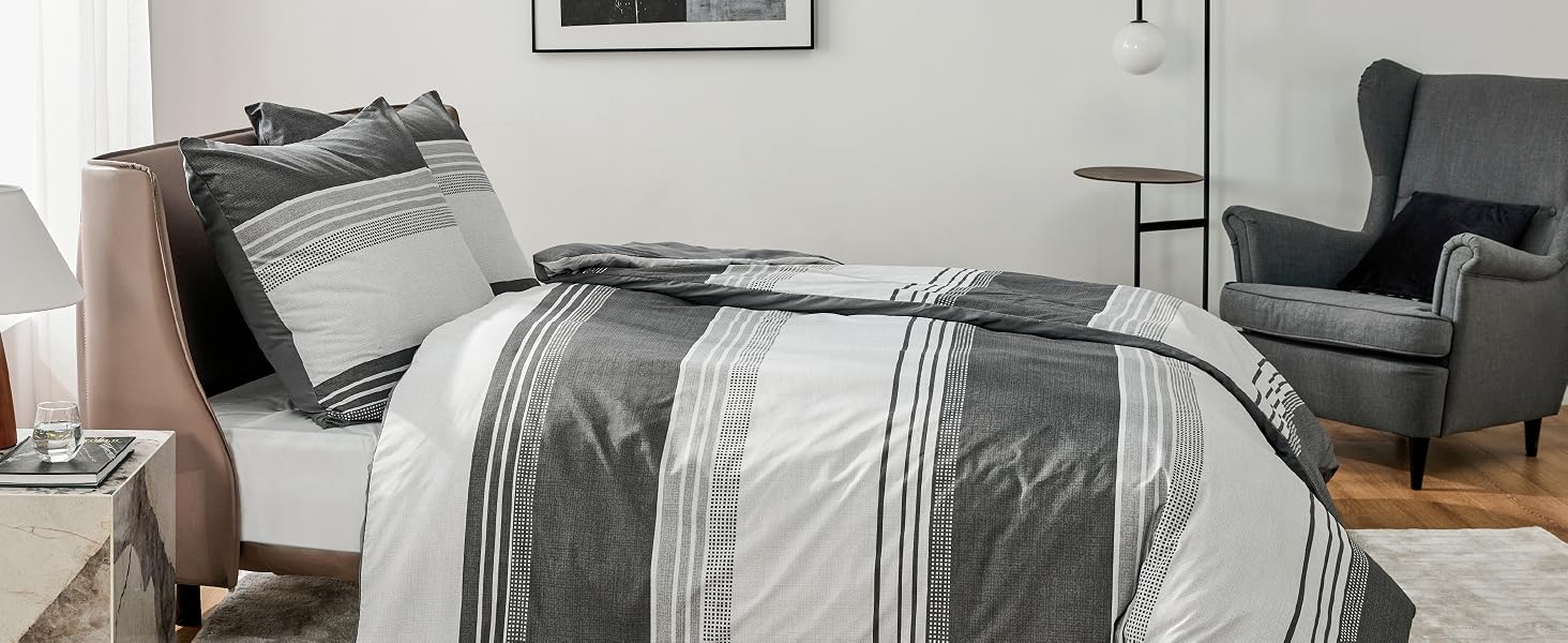 Комплект постільної білизни BEDSURE 3 предмети, сіра смугаста двостороння підковдра 200x200 см та 2 наволочки 80x80 см, сертифікат OEKO-TEX