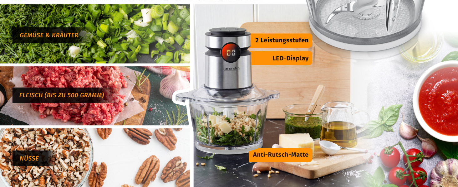 Електричний подрібнювач Arendo з нержавіючої сталі, 500 Вт, об'єм 2 л, для м'яса, горіхів, фруктів, овочів та іншого