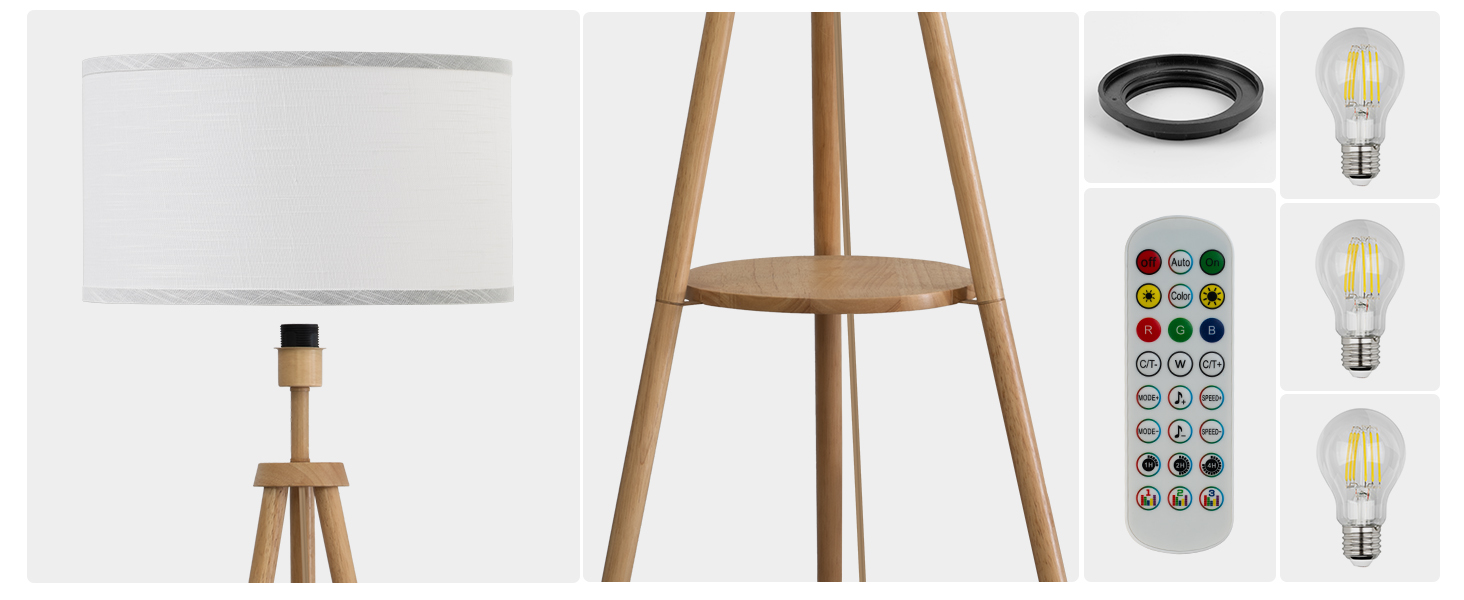 Стельова лампа на тренозі з полицею, з пульт керування, 3 колірні температури, для вітальні, спальні, офісу, бежевий абажур, стиль бері, декор