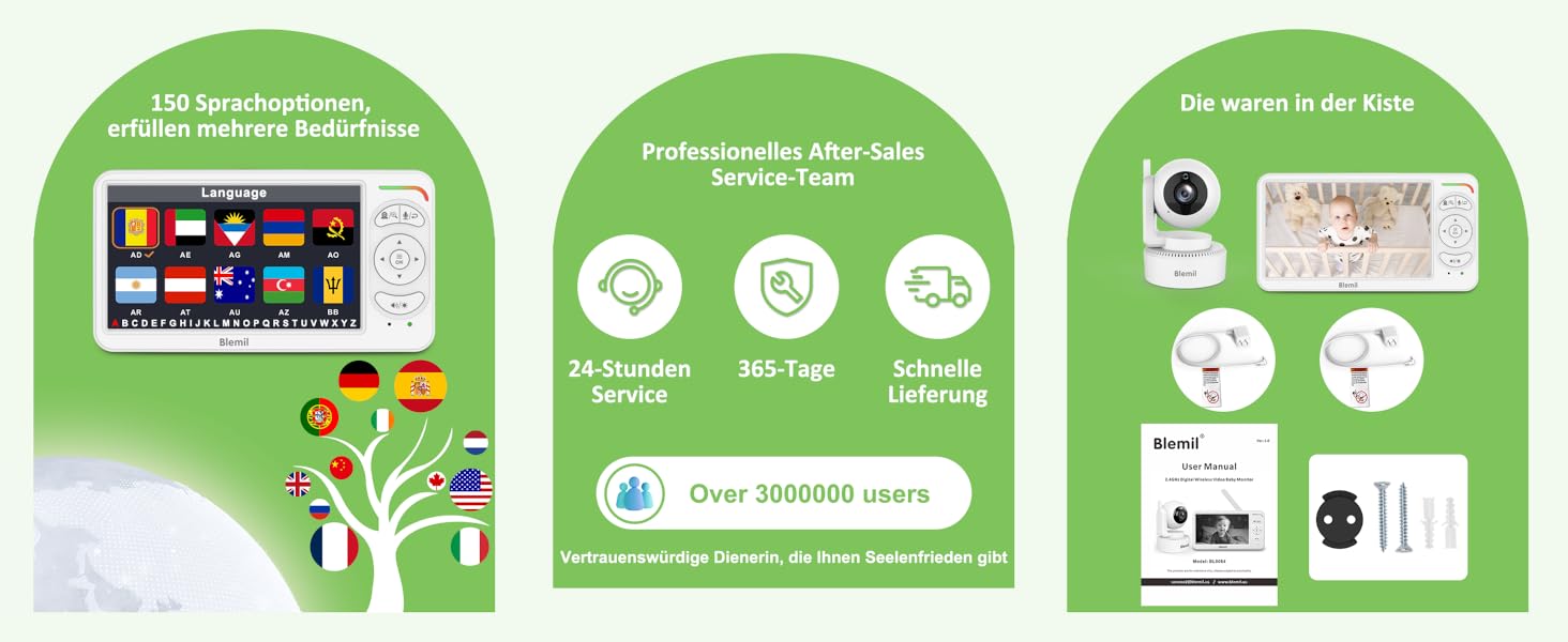 Відеоняня Blemil BL9064 з камерою, 6-дюймовий IPS дисплей, акумулятор 3000 mAh, ECO-режим, авто-нічне бачення, 2-сторонній аудіо, радіус дії 300 м, розпізнавання плачу