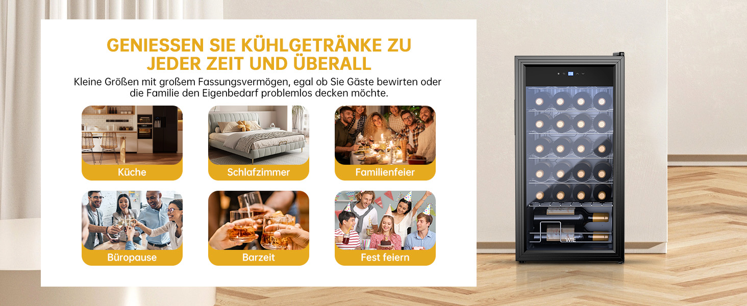 WIE 33 Liter Wine Fridge - 1 Zone Mini Wine Cooler with Glass Door & LED Touch Panel - Anti-UV Wine Storage for 28 Bottles