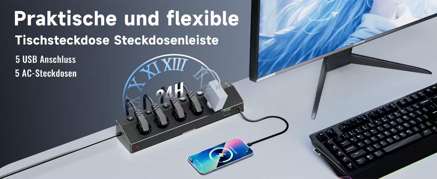 Настільний мережевий фільтр з 5 розетками та 2 USB-C (PD 30W), подовжувач з вимикачем, 4000 Вт, кабель 3м, чорний