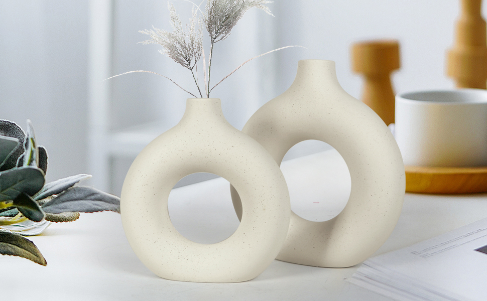 Large Ceramic Doughnut Vase for Pampas Grass - Modern Boho Round Vase for Home & Office Decor