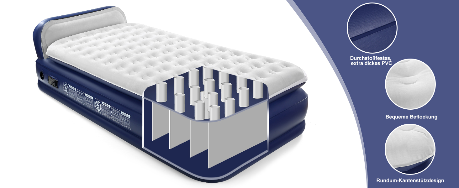 Надувна матрац KMZ з електричним насосом, подвійна висота, для дому, подорожей та кемпінгу. Міцна надувна ліжко - односпальна
